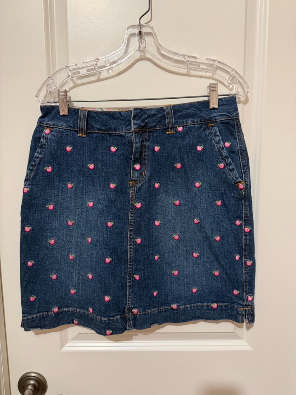 Lilly Pulitzer Blue Denim Mini Skirt with Pink Embroidered Roses